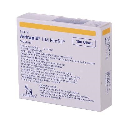 АКТРАПІД® НМ ПЕНФІЛ® розчин для ін'єкцій, 100 МО/мл по 3 мл у картриджі; по 5 катриджів у картонній коробці